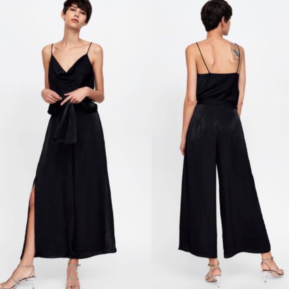 Zara Spaghetti Wide Leg Satin Jumpsuit With Slits